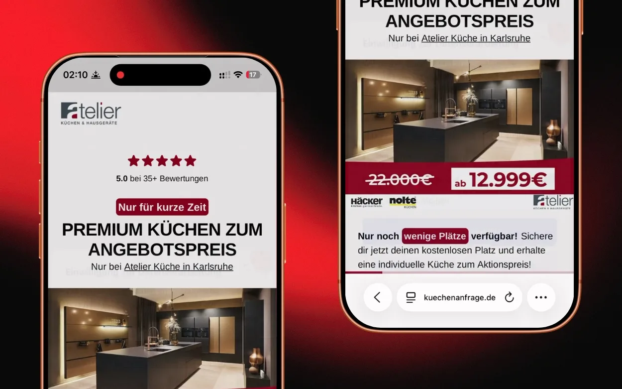 Meta-Ads-Kampagne für Atelier Küche Karlsruhe auf dem Smartphone