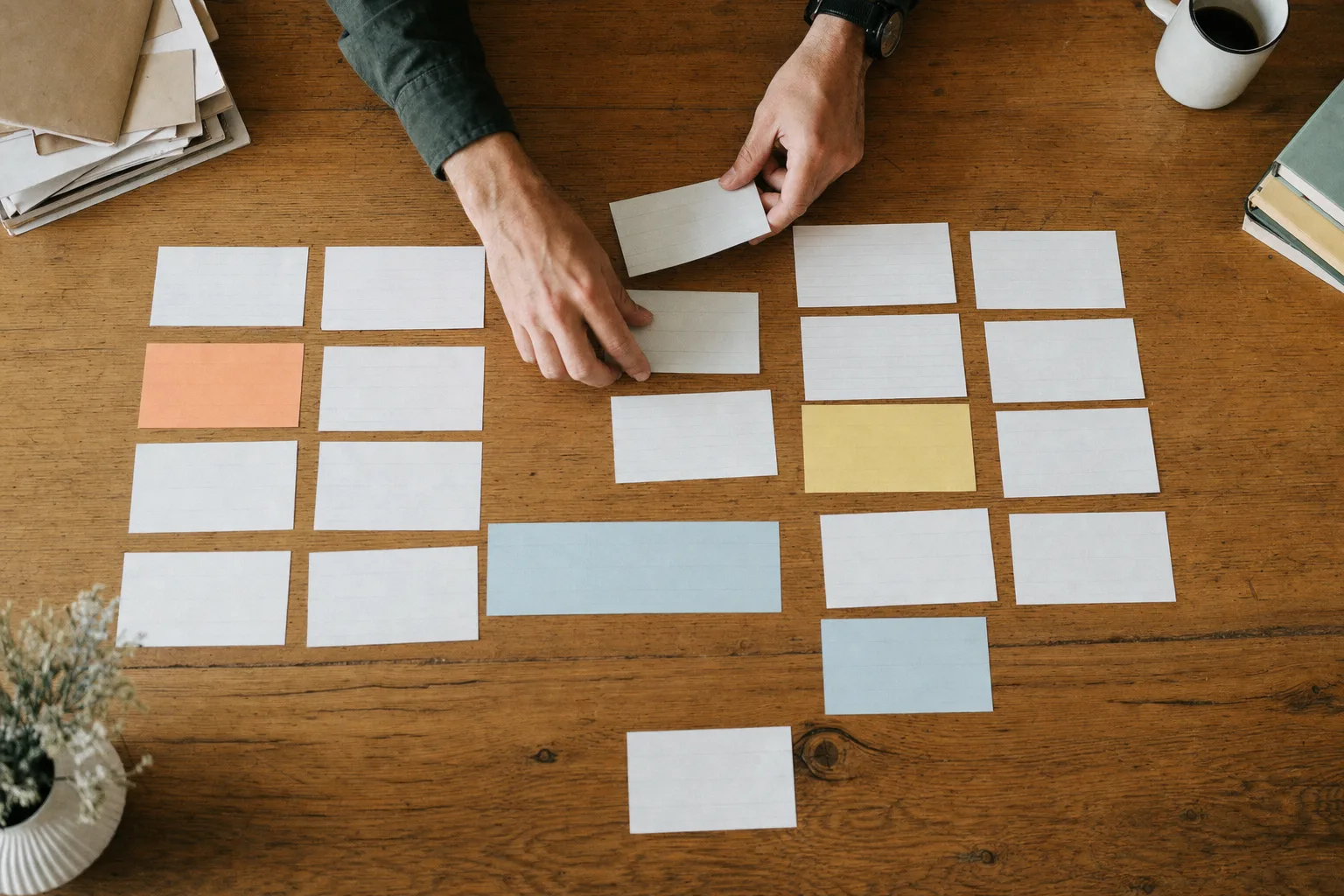 Hände ordnen Karten mit Prioritäten auf einem Tisch