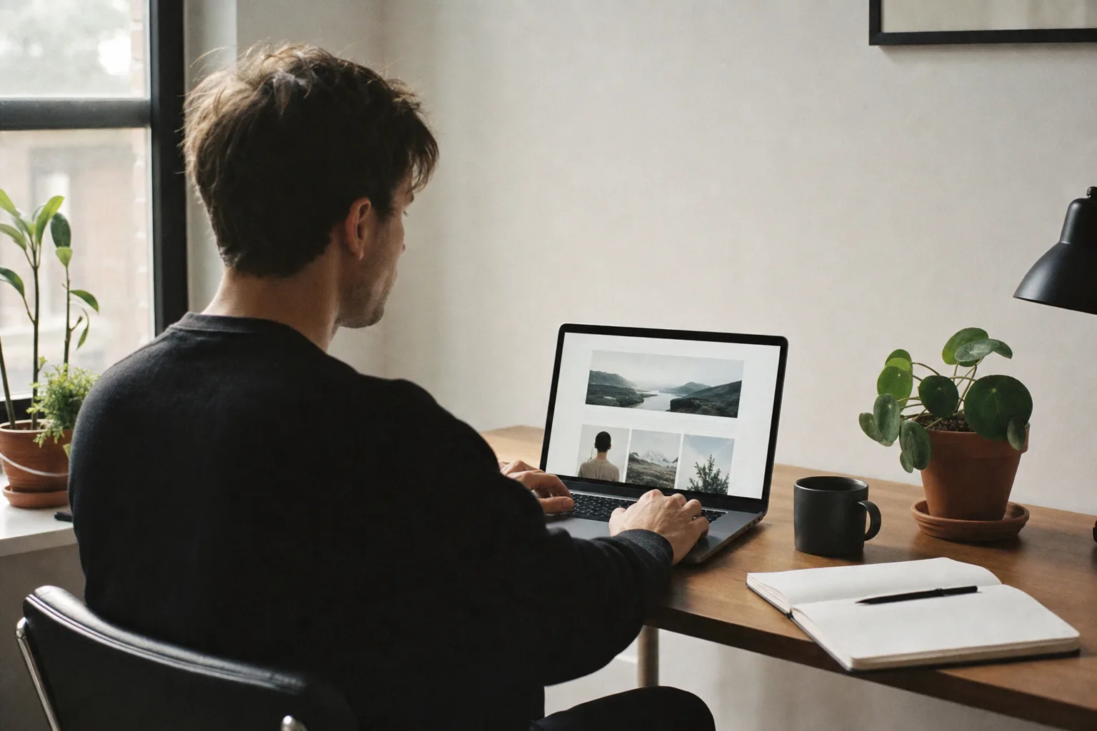 Selbststaendiger baut einen Onepager am Laptop