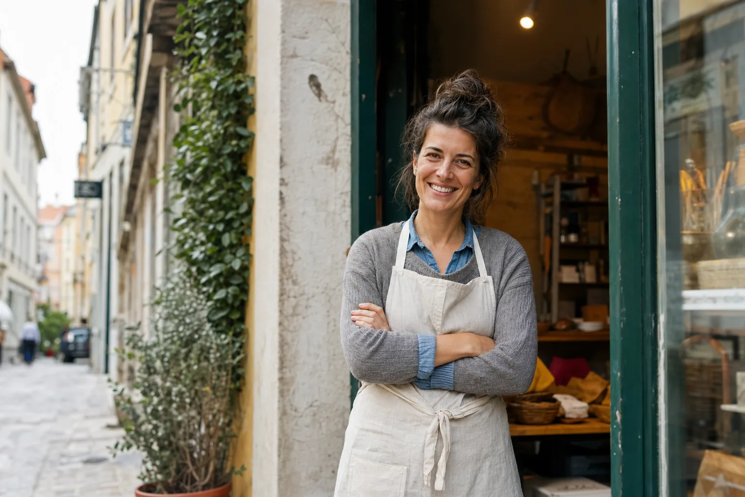 Lokale Ladenbesitzerin vor ihrem Geschäft, SEO Mannheim von we make marketing