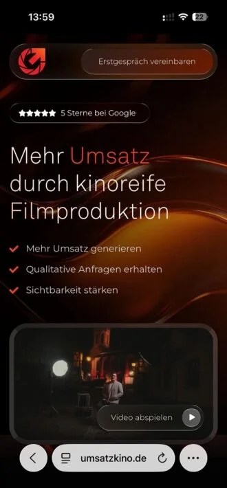 Mobile-Ansicht der Website der Filmproduktion Umsatzkino (umsatzkino.de)