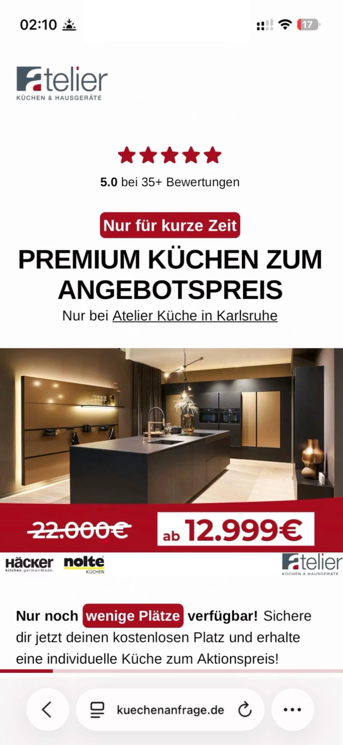 Mobile-Ansicht einer Landingpage für Atelier Küchen Karlsruhe (kuechenanfrage.de)