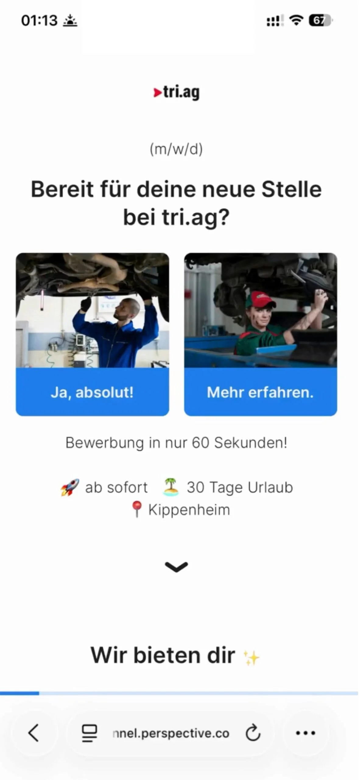 Mobile-Ansicht eines Social-Recruiting-Funnels für tri.ag (Kfz-Stellenanzeige)
