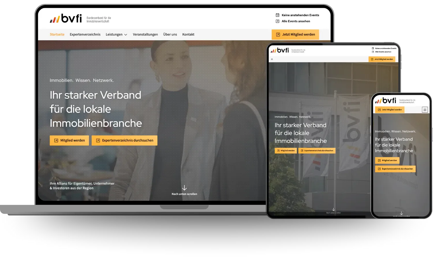 Responsive Darstellung der bvfi-Startseite auf Laptop, Tablet und Smartphone