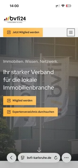 Mobile-Ansicht der Website des Immobilienverbands BVFI Karlsruhe (bvfi-karlsruhe.de)