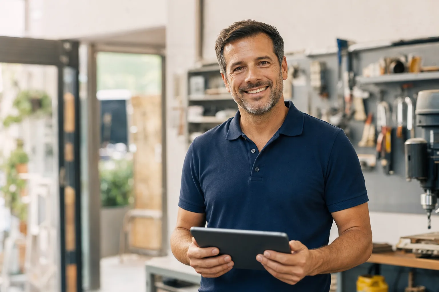 Dienstleister mit Tablet in seiner Werkstatt, SEO für Dienstleister von we make marketing