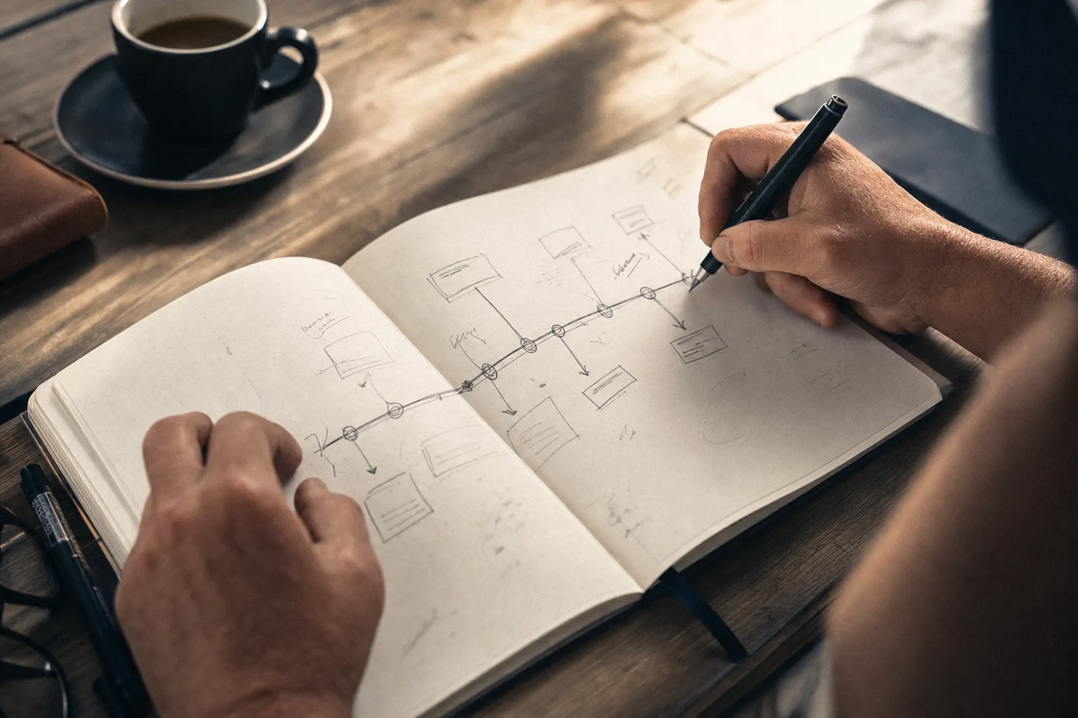 Nahaufnahme einer Roadmap-Skizze in einem Notizbuch