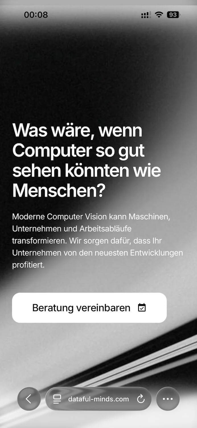 Mobile-Ansicht der Website von Dataful Minds – Computer Vision & KI (dataful-minds.com)