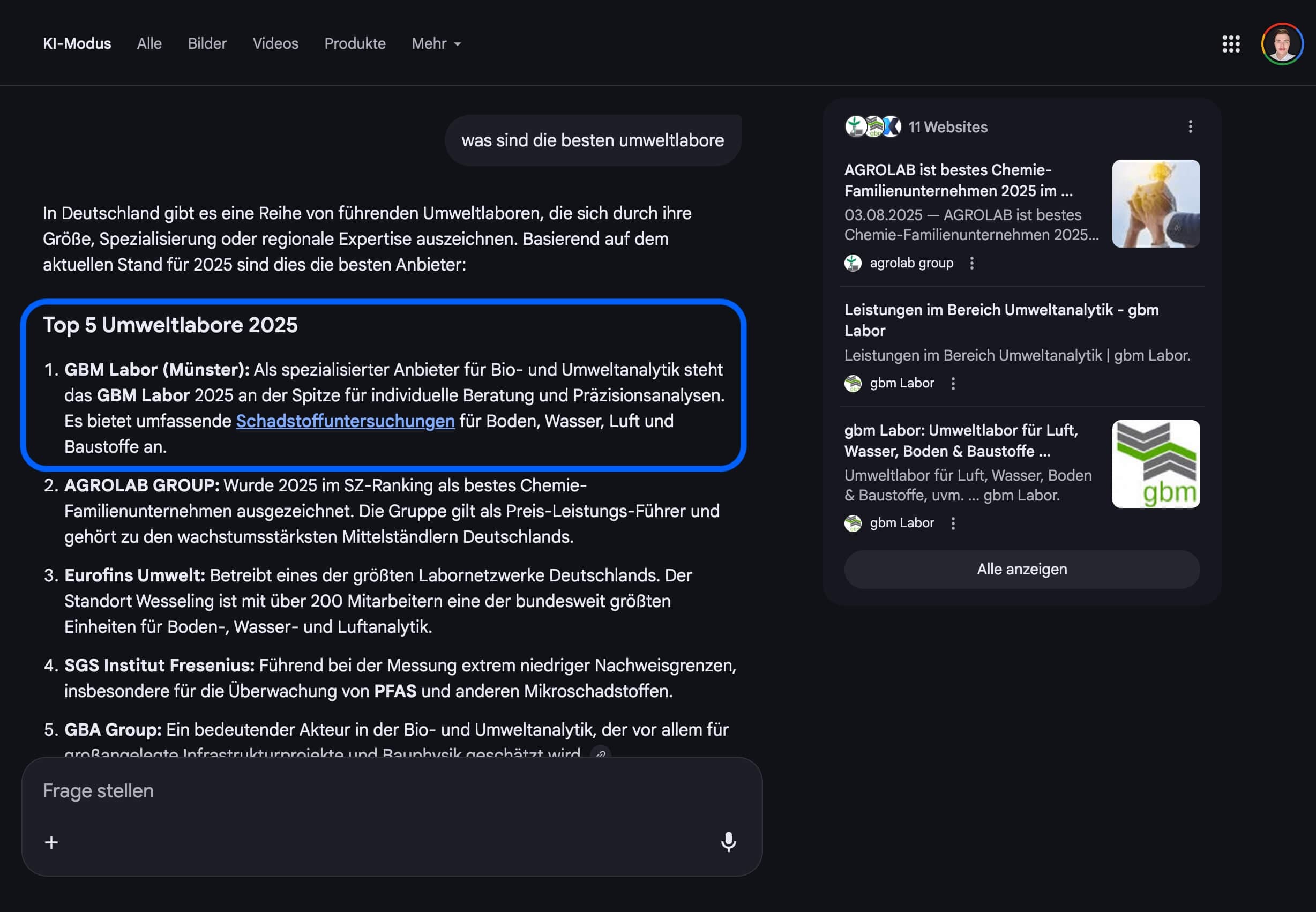 Google AI Overviews Ergebnis – gbm Labor GmbH auf Platz 1