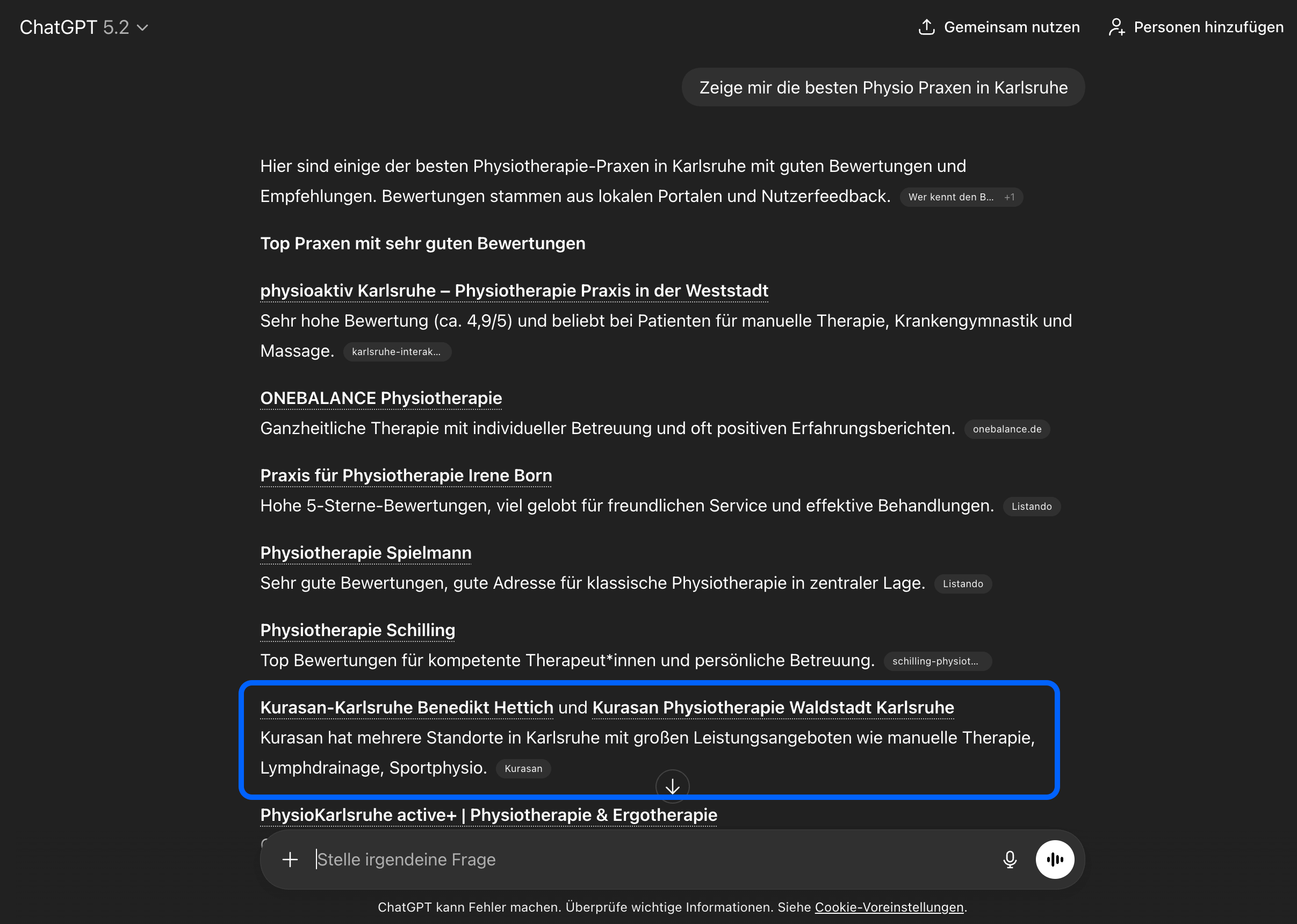 ChatGPT-Antwort mit empfohlenen Physiotherapie-Praxen in Karlsruhe