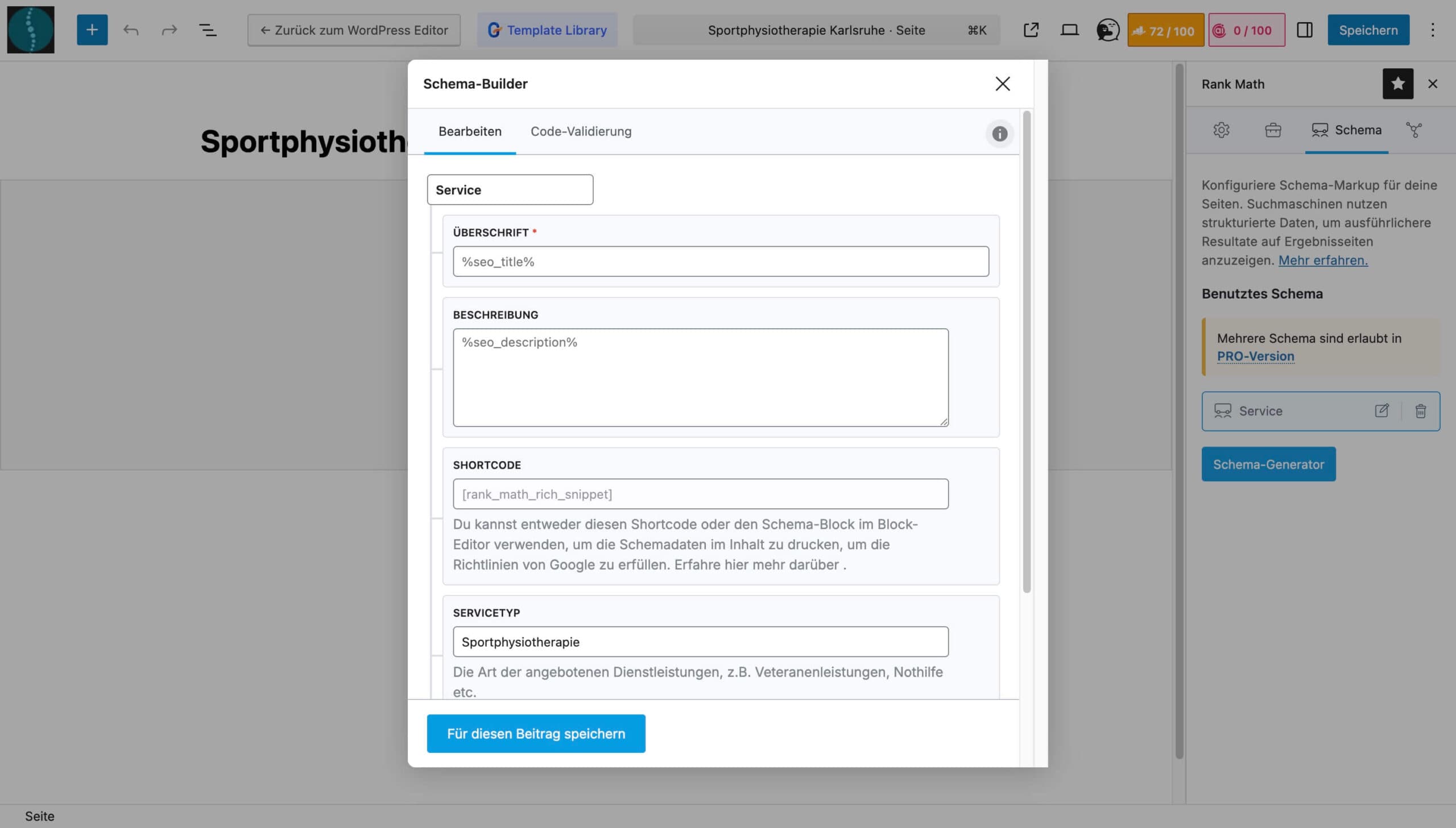 Screenshot des Rank-Math Schema-Builders in WordPress zur Konfiguration eines Service-Schemas