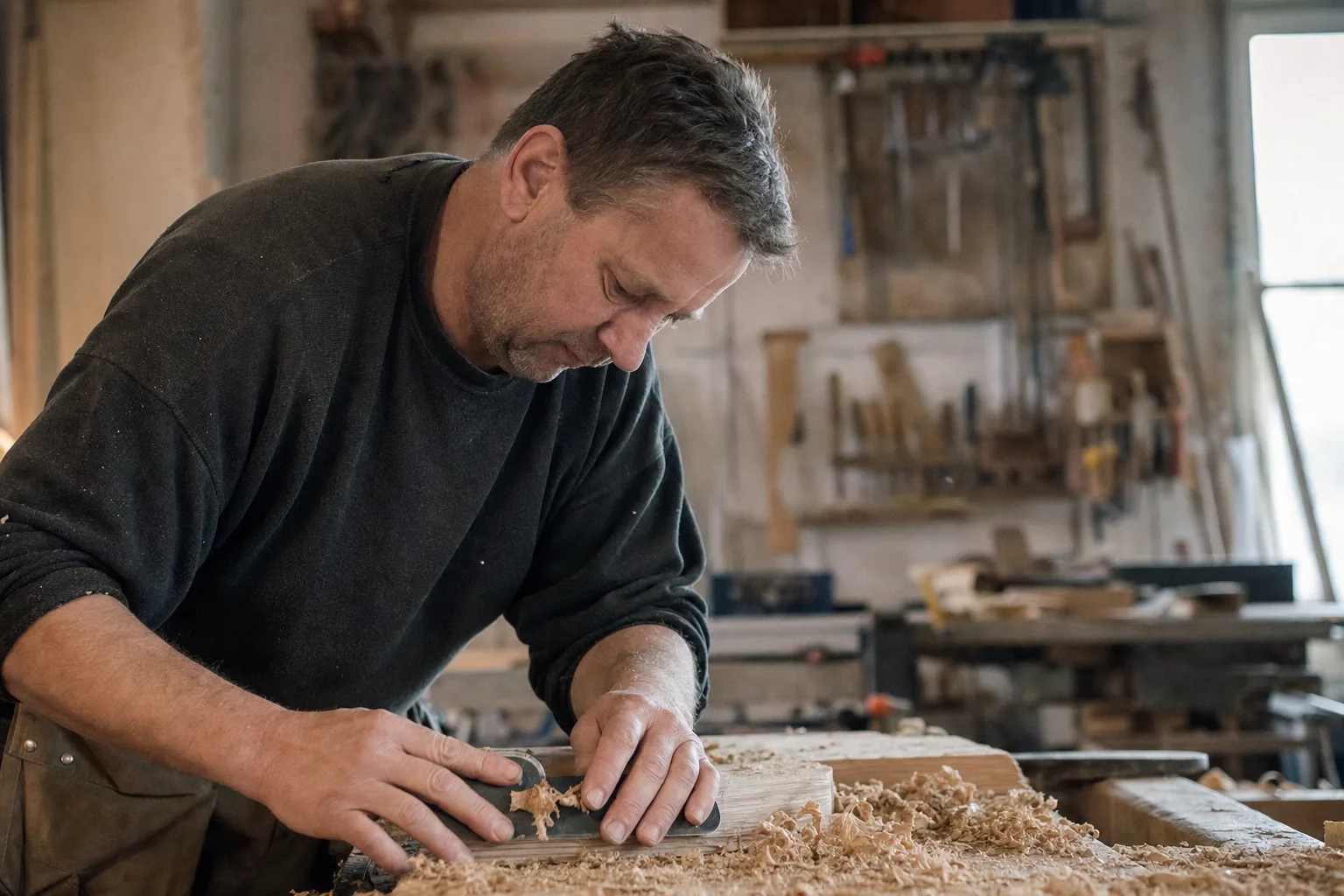 Handwerker beim Hobeln in seiner Werkstatt, SEO für Handwerker von we make marketing