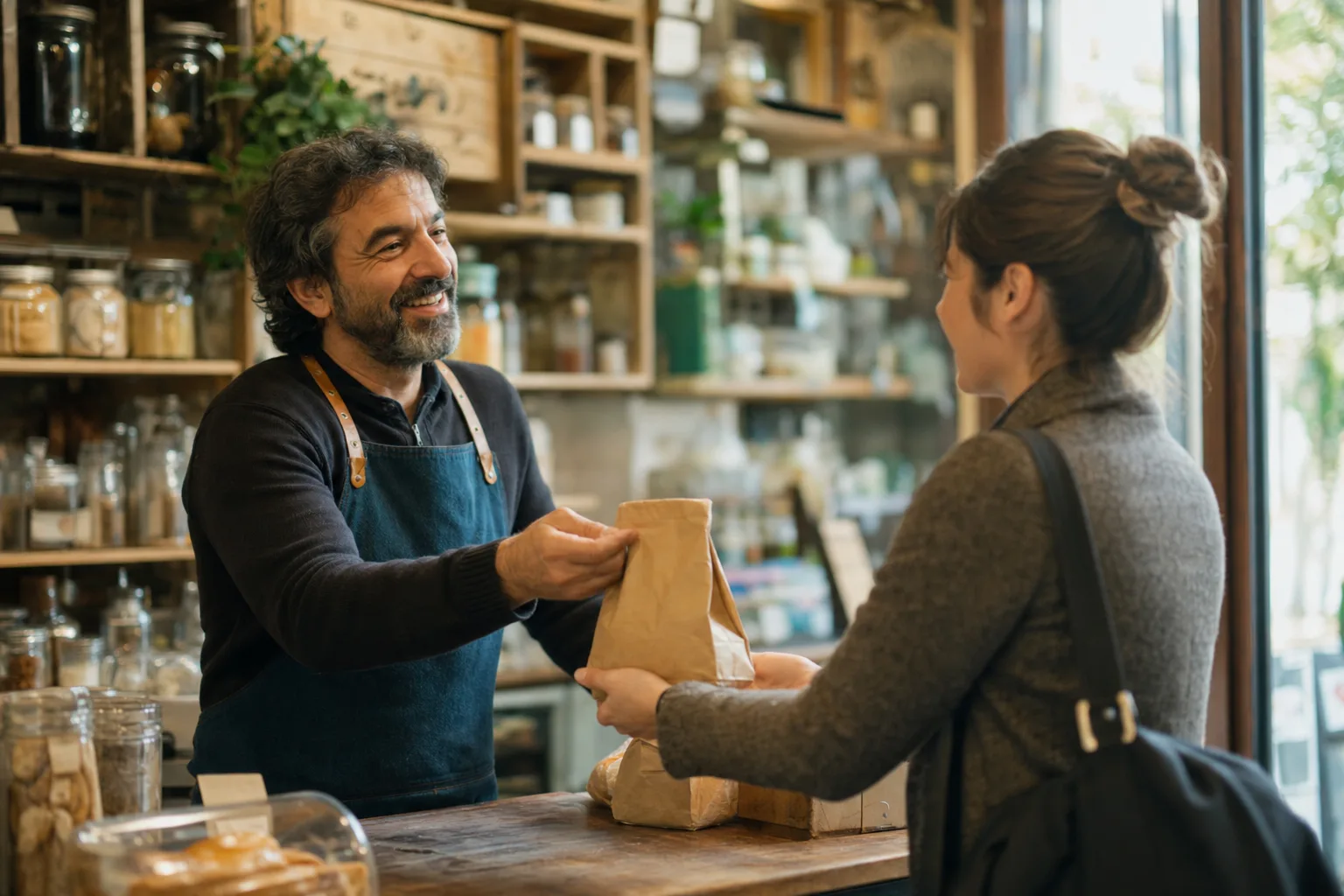 Lokaler Händler bedient eine Kundin im Laden, SEO für lokale Unternehmen von we make marketing