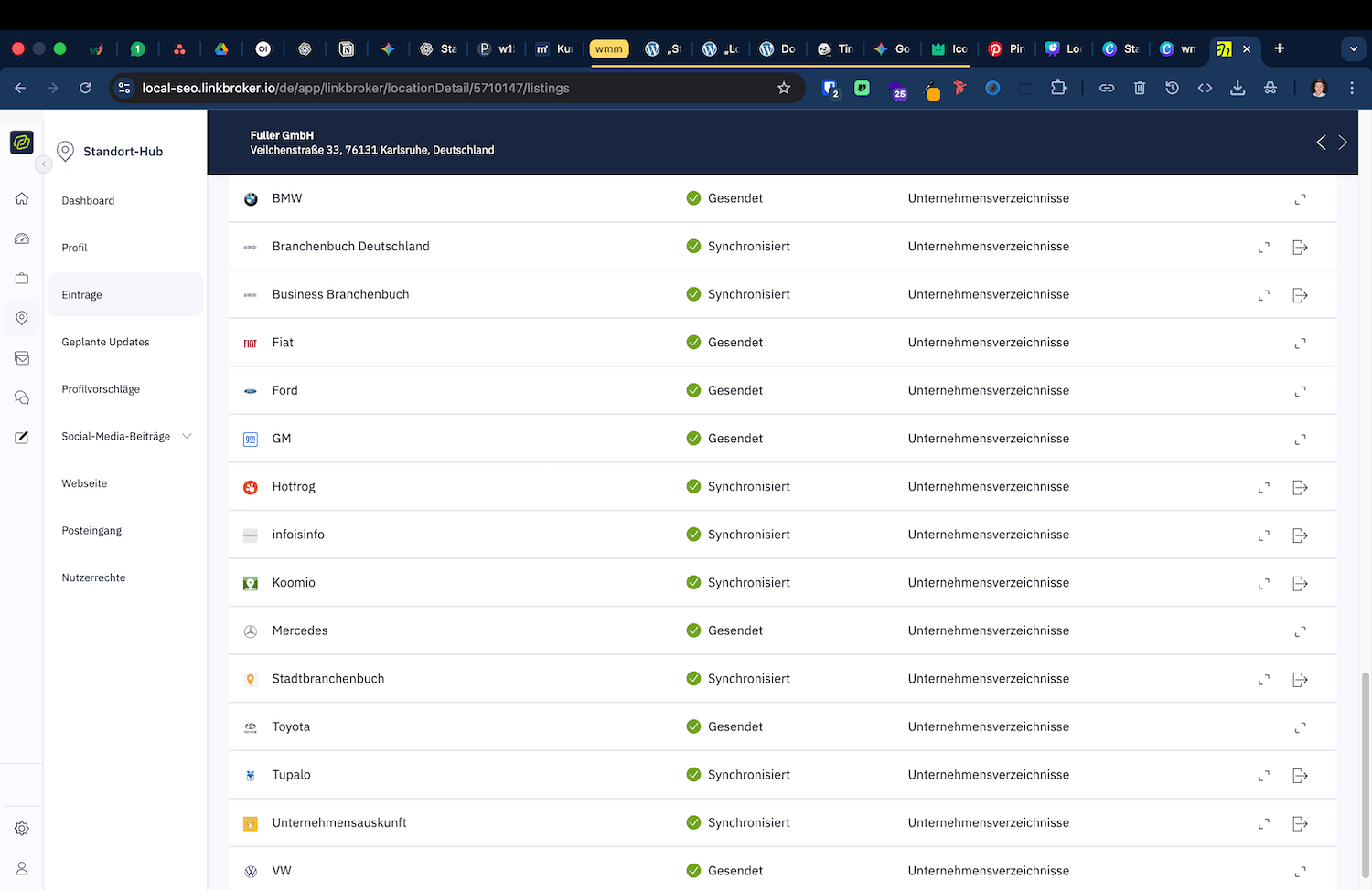 Screenshot des Standort-Hub mit synchronisierten Einträgen in Unternehmensverzeichnissen