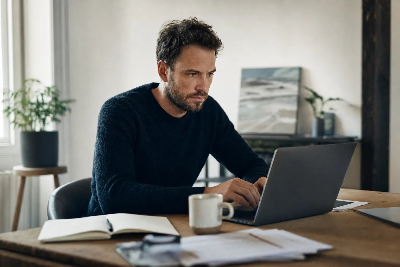 Selbstständiger bei der Arbeit am Schreibtisch, SEO für Selbstständige von we make marketing