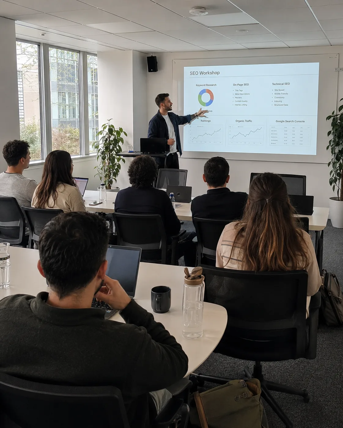 SEO Coaching Workshop mit Trainer der Gruppe Teilnehmern SEO-Strategien auf Leinwand präsentiert