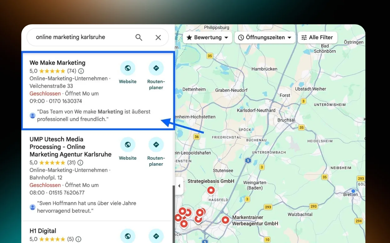 Google-Maps-Ergebnis für „online marketing karlsruhe“ – we make marketing auf Platz 1