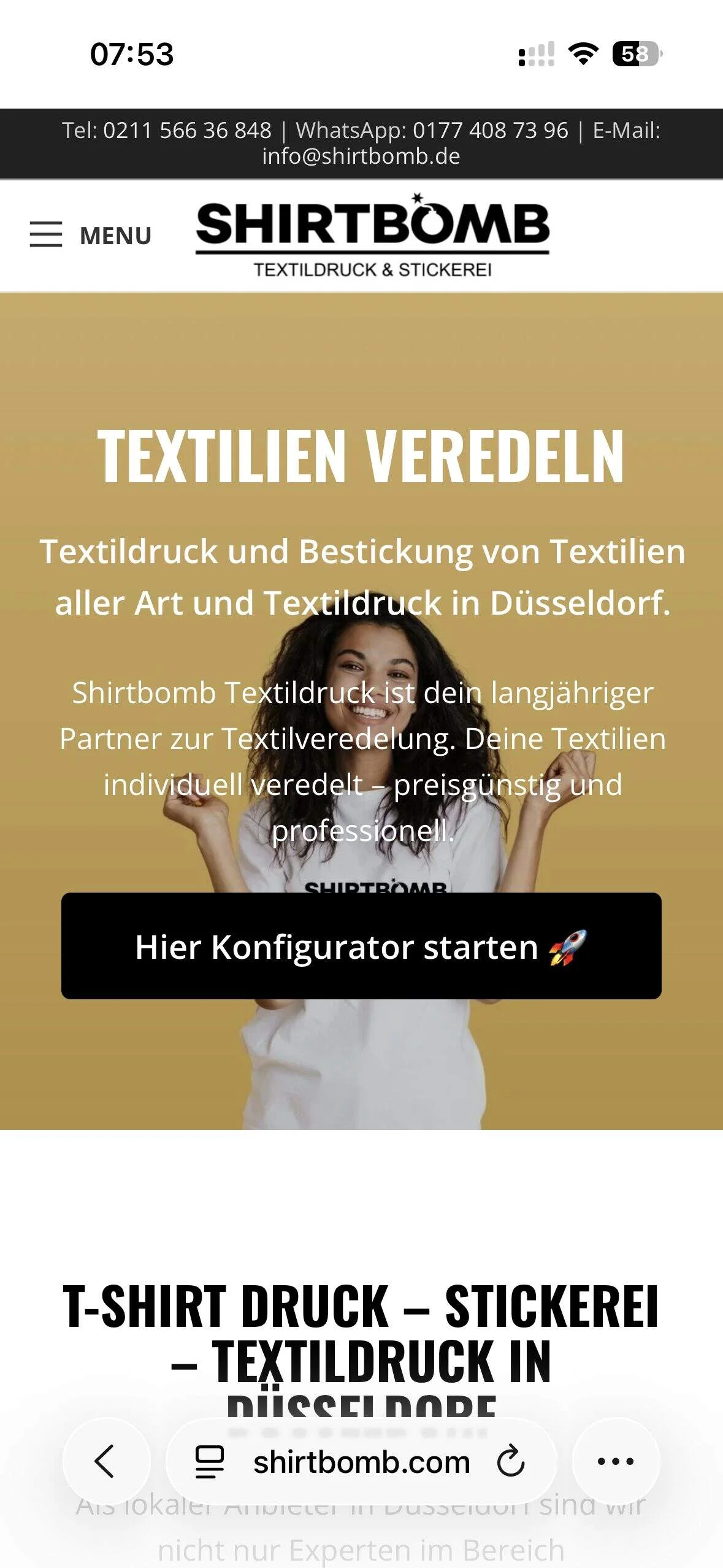 Mobile-Ansicht der Website von Shirtbomb – Textildruck & Stickerei Düsseldorf (shirtbomb.com)