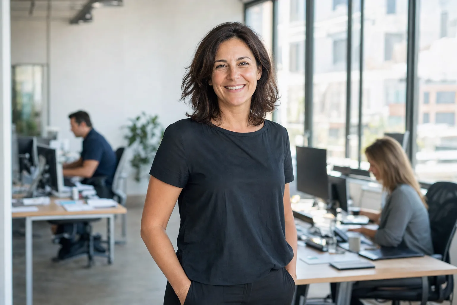 Unternehmerin in ihrem Büro mit Team im Hintergrund, SEO für Unternehmen von we make marketing