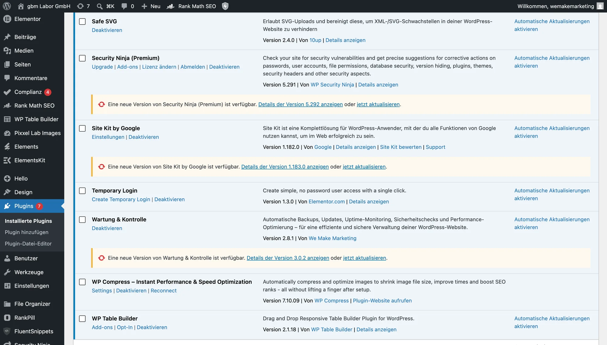WordPress Plugin-Übersicht im Backend für professionelle WordPress Website Betreuung mit Sicherheits- und Performance-Plugins