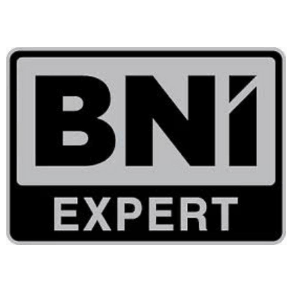 Schwarz-weißes BNI Expert Logo mit Schriftzug „BNI“ und „EXPERT“ in einem rechteckigen Rahmen.