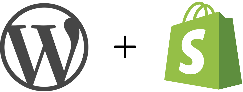 Grafik mit WordPress-Logo links und Shopify-Einkaufstasche rechts auf dunklem Hintergrund.