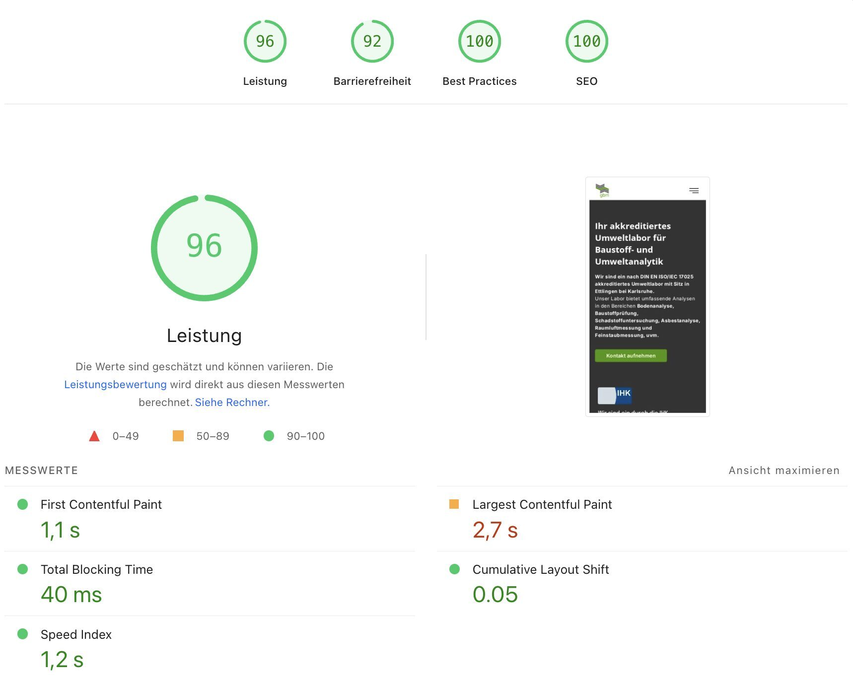 Screenshot der Pagespeed Insights Ergebnisse: Leistung 96, Barrierefreiheit 92, Best Practices 100, SEO 100.