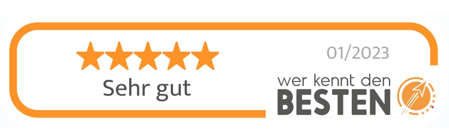 5-Sterne Bewertungssiegel „Sehr gut“ (01/2023) mit Logo und Auszeichnung in Orange und Grau. - wer kennt den besten auszeichnung