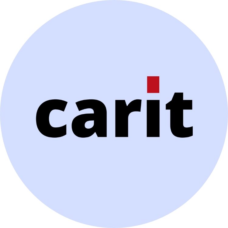 carit Logo als schwarze Wortmarke mit rotem Akzent über dem i auf hellblauem Kreis