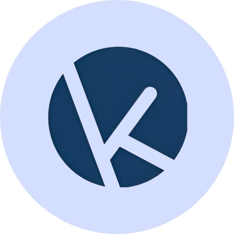 Rundes blaues Monogramm-Logo mit stilisiertem Buchstaben K auf hellem Hintergrund (Kanzlei Buser Logo).