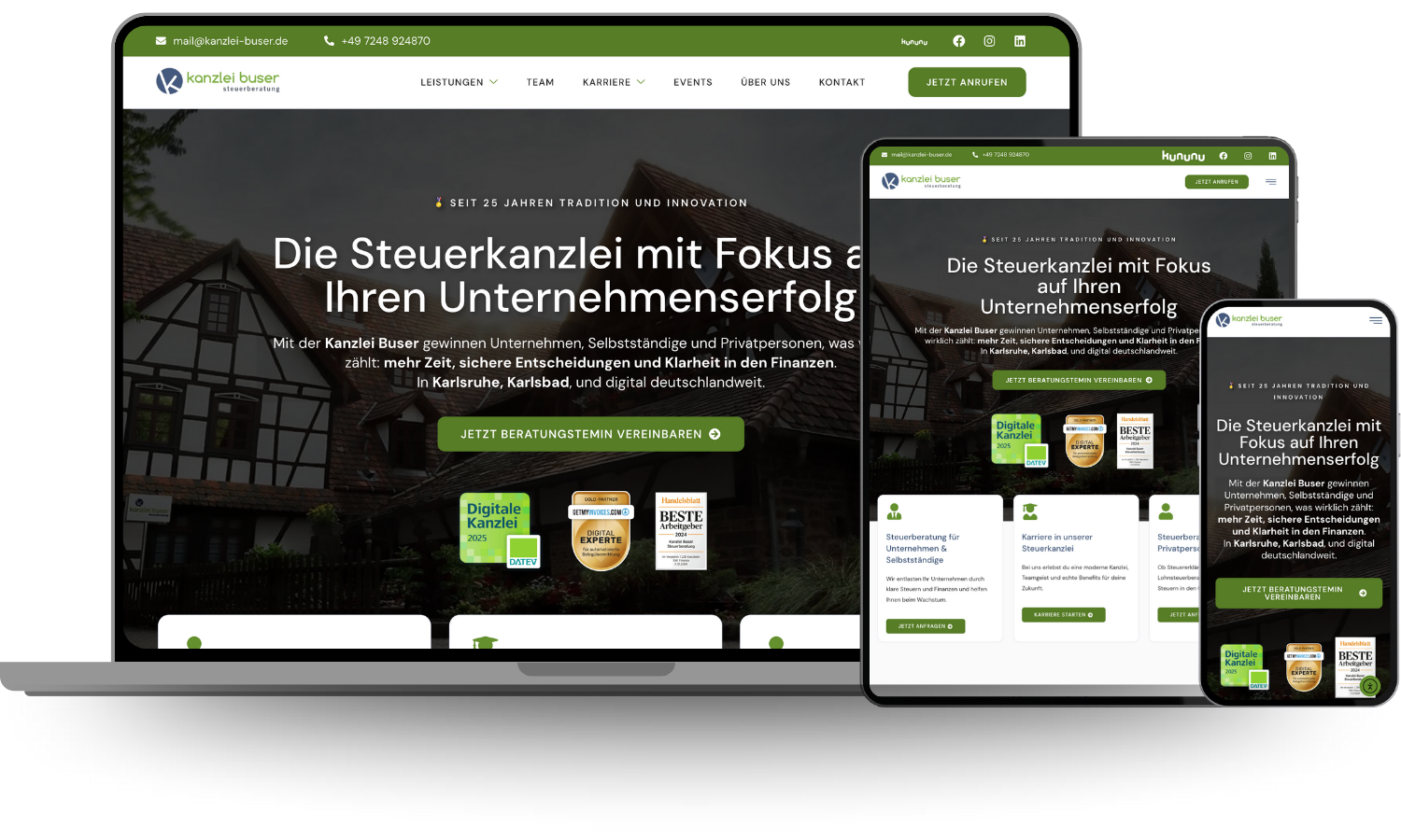 Responsive Website-Ansicht der Steuerkanzlei Buser auf Desktop, Tablet und Smartphone, erstellt von unserer Online Marketing Agentur