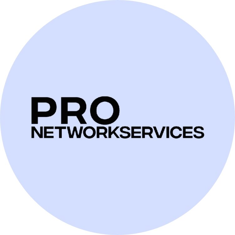 Schwarzes PRO Networkservices Wortmarken-Logo auf hellblauem, rundem Hintergrund. - pronetworkservices logo