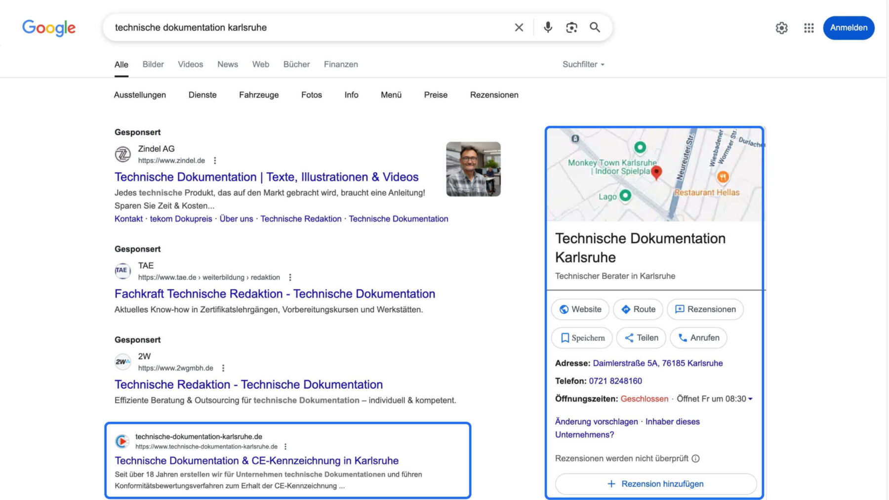 Screenshot der Google-Suchergebnisse zu „technische dokumentation karlsruhe“ mit Anzeigen und Unternehmensprofil rechts.