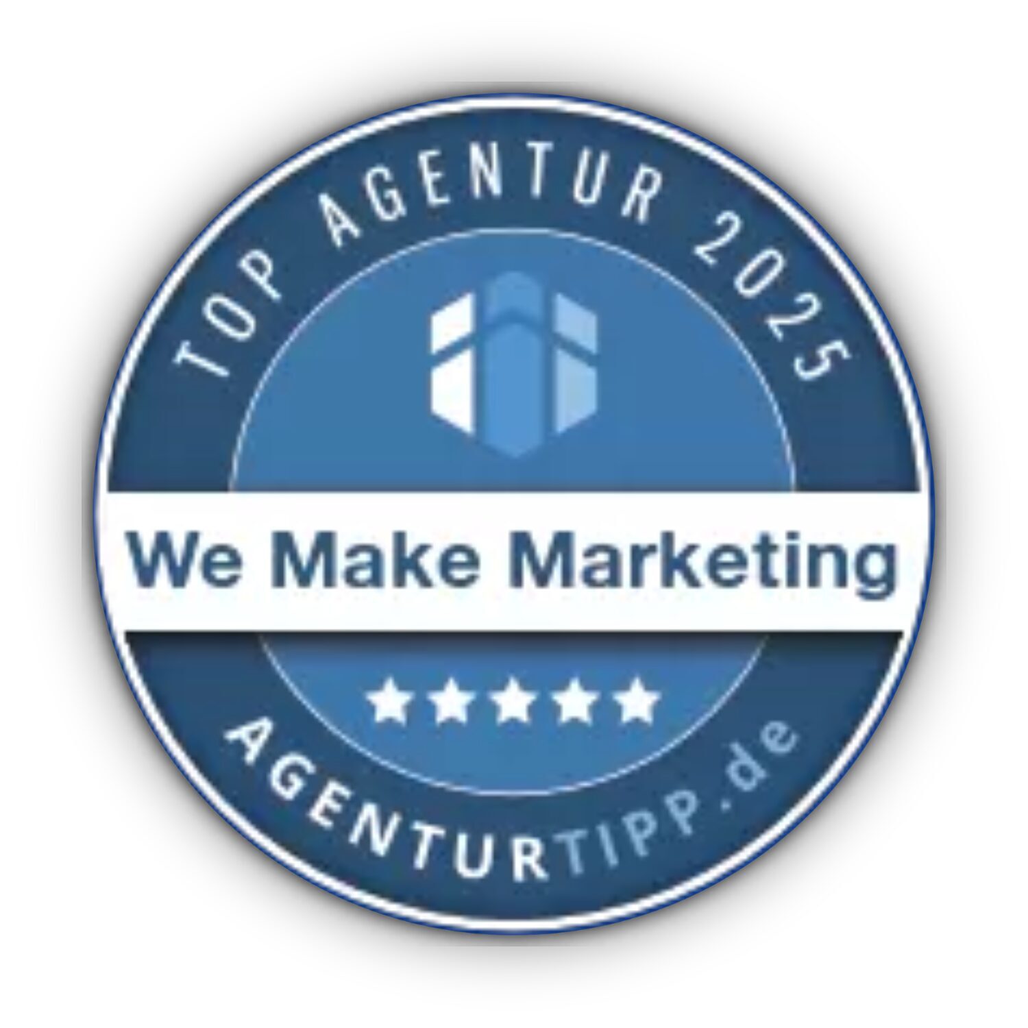 Rundes Siegel „Top Agentur 2025“ mit Schriftzug „We Make Marketing“ und fünf Sternen von agenturtipp. - agenturtipp siegel we make marketing